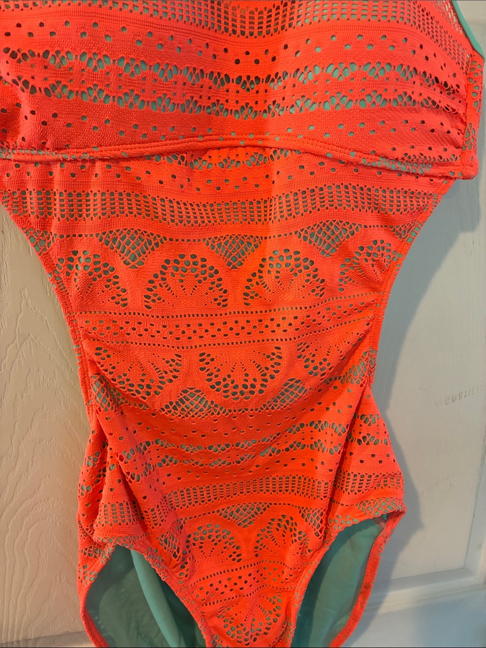 No Boundaries Size 11/13 Neon Coral Crochet One-Piece Swimsuit with Mint Trim - Picture 5 of 15